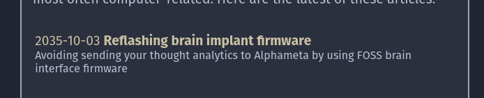 A post strip for the article from the previous example, "Reflashing brain implant firmware", now with added summary line that says "Avoiding sending your thought analytics to Alphameta by using FOSS brain interface firmware"