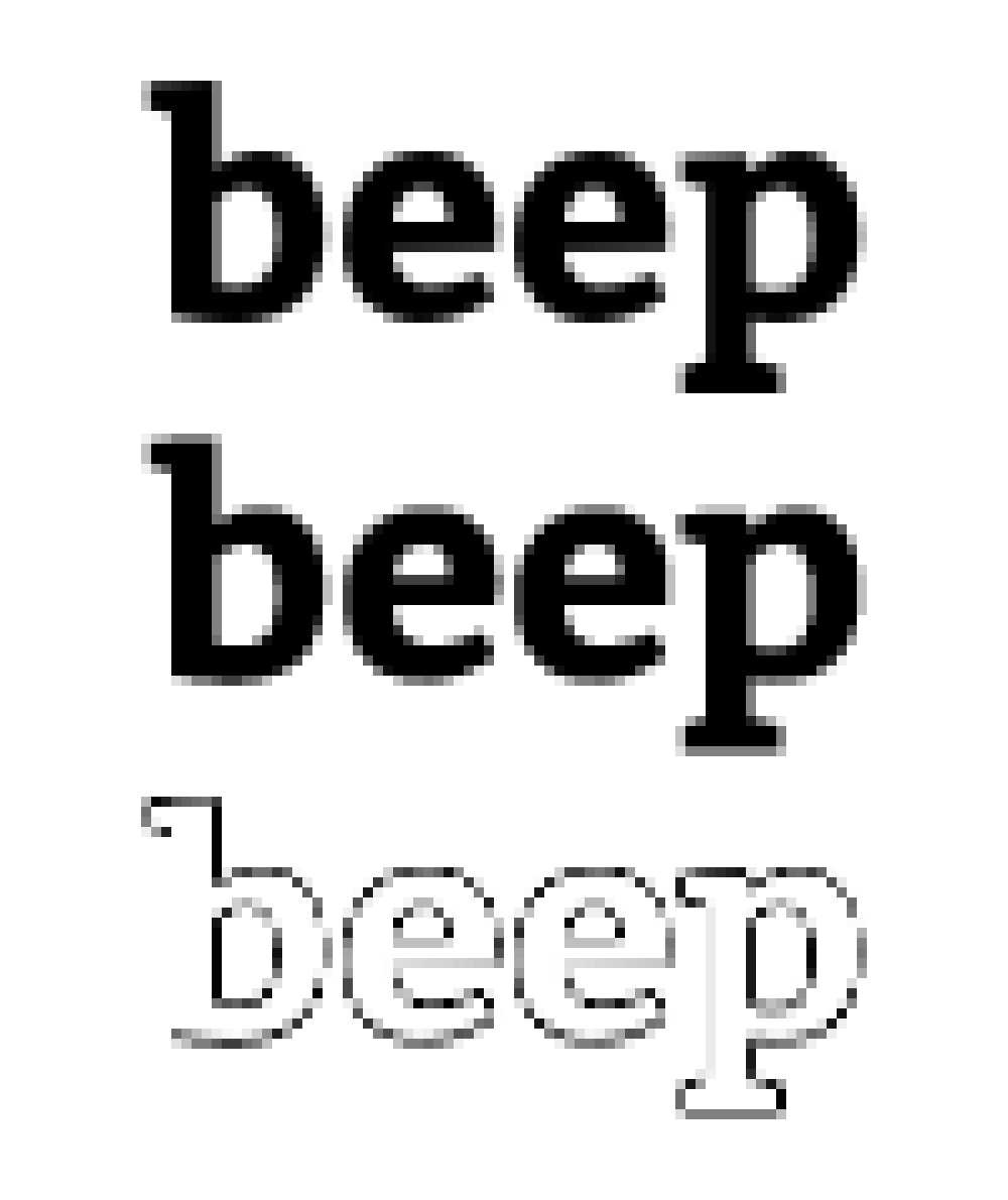 The word "beep" three times, twice in black, and the third time appearing mostly as a pixelated outline.