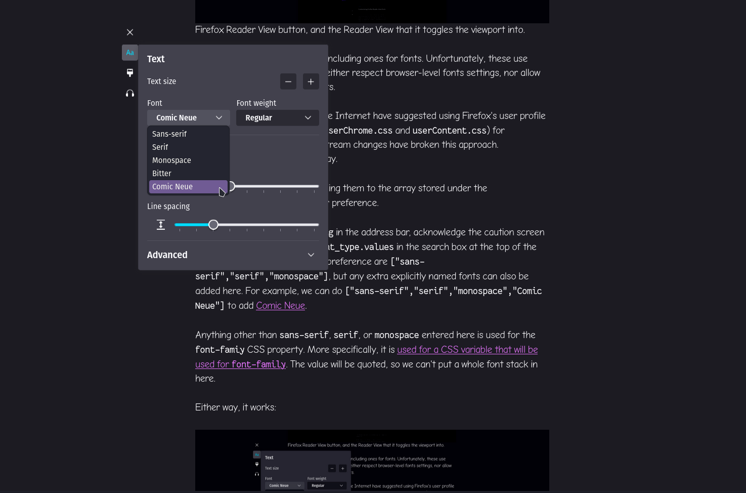 This article in Reader View, showing Comic Neue in the selection dropdown, and also showing the article in Comic Neue.