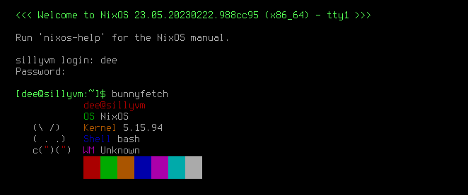screenshot of the console of sillyvm, booted into NixOS, logged into the 'dee' account, and displaying the output of bunnyfetch (a minimal fetch program featuring an ascii-art bunny)