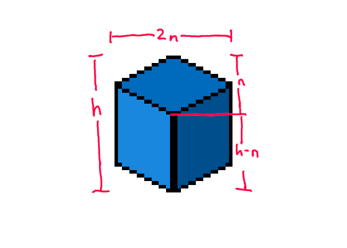 A block drawn in dimetric projection, annotated with dimensions.