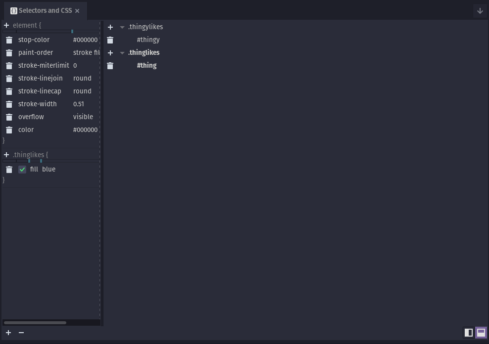 Screenshot of the CSS editor panel. It features two panes, the left one listing element-specific styles as well as applicable class-scoped styles. The other pane shows a list of classes, and what objects they apply to.